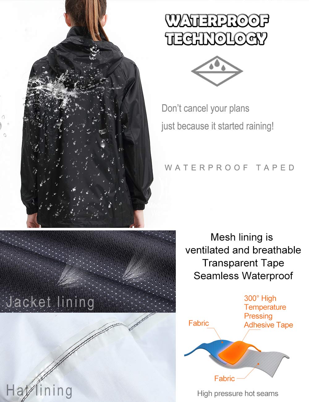 Diamond Candy Women Lightweight Hooded Rain Jacket Waterproof Coat, Packable