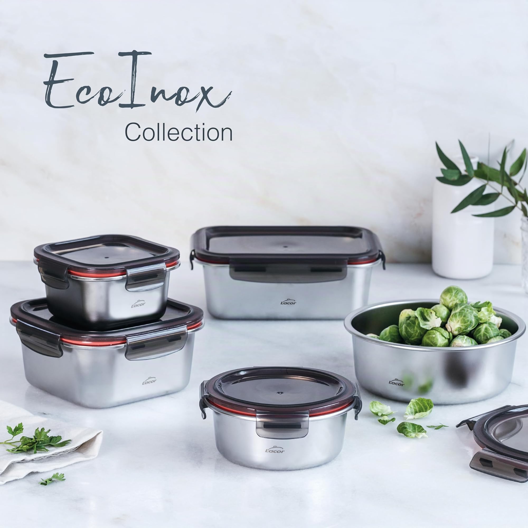 LACOR 64617 - Set mit 3 Behältern für Lebensmittel, Ecoinox, Edelstahl 18/10, 800/1200/1800 ml, geeignet für Mikrowelle, Backofen, Gefrierschrank und Spülmaschine, luftdicht, BPA-frei 7