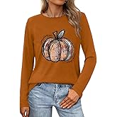 Fall Shirt for Women Halloween Funny Pumpkin Plus Size Long Sleeve Holiday Tee Tops