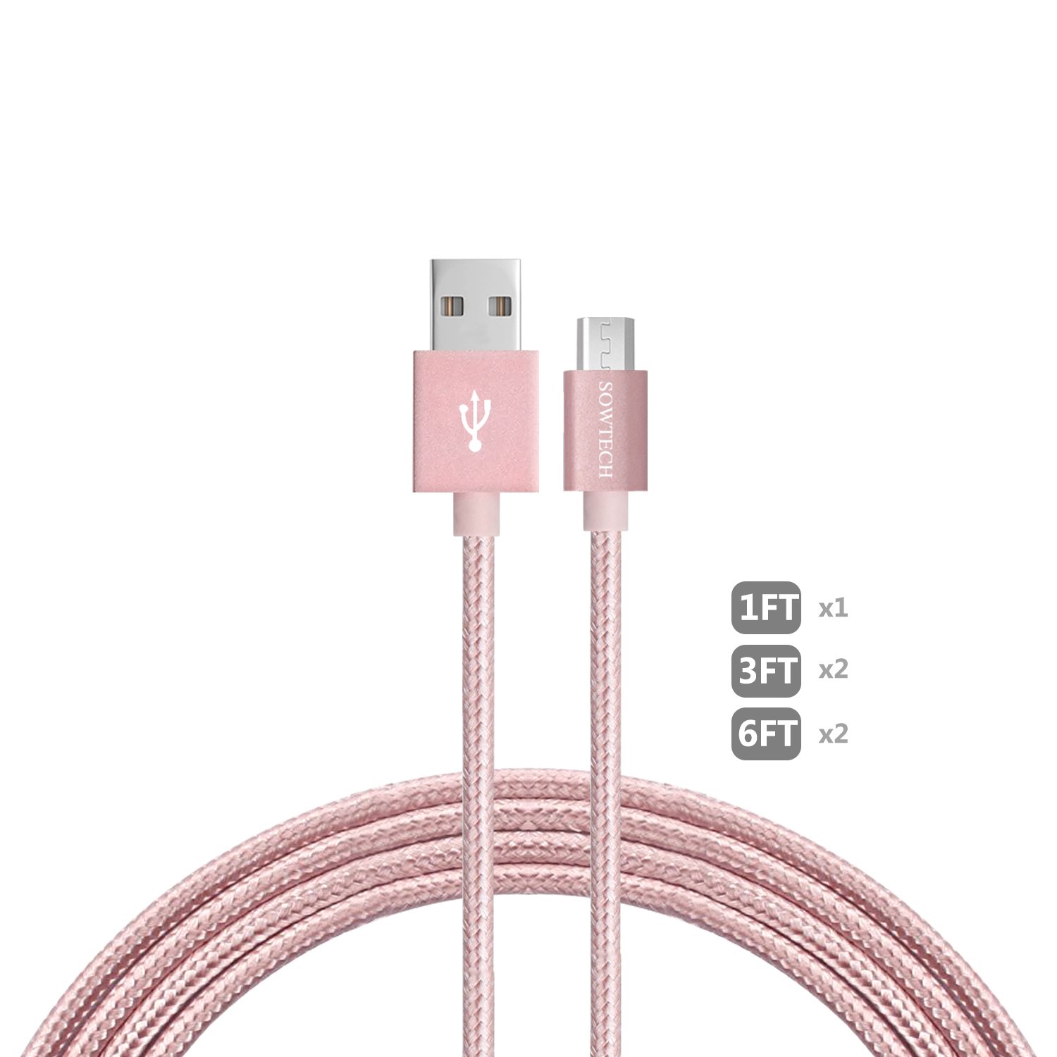 Micro USB Cable SOWTECH 5 Pack 1ft/2x3ft/2x6ft Durable Nylon Braided Interconnects USB 2.0 A Male to Micro B Sync and Charging Cords for Android Phones and Tablets - Rose