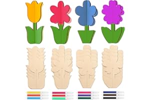44 Pcs 3D Flower Spring Wood Crafts Set, FAURAPMNG 32 Unfinished Wooden Spring Flower with 12 Colored Pens, Blank Wood Cutout