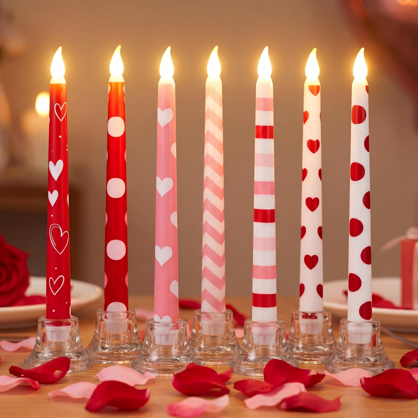 Photo 1 of ***MISSING 2 CANDLES -6PCS ONLY*** Lounsweer 6 Pcs Valentines Day Flameless Taper Candles 10 Inch LED Valentines Day Flameless Candle Pink Red and White Heart Battery Operated Long Unscented Candlesticks for Anniversary Party Table
