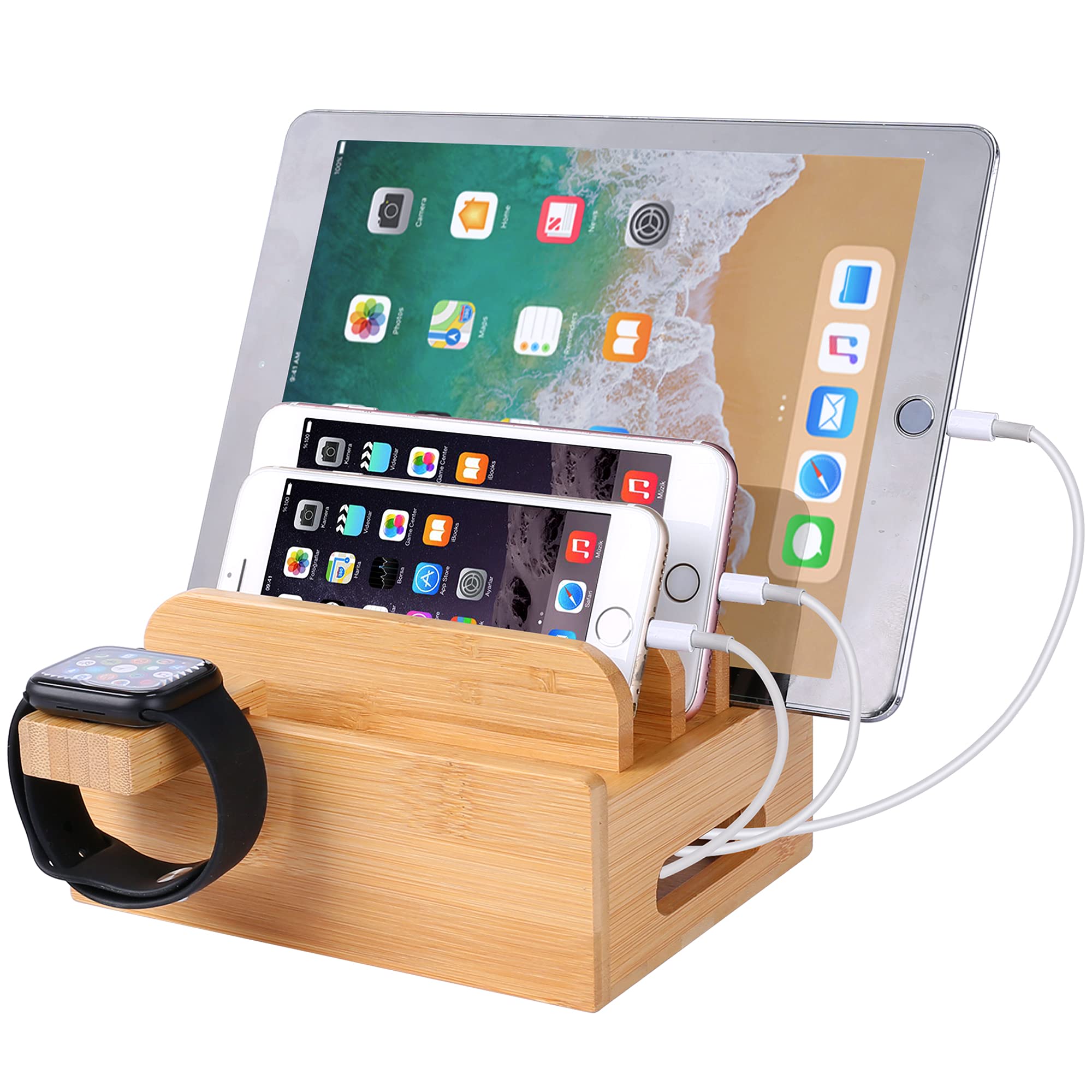 Bamboo Wood Desktop Organizer Charging Docking Station Charger Holder Cradle Charge Stand Compatible with iPhone 16 15 14 13 12 11 Pro Max iPad Mini Air Apple Watch 3 4 5 iWatch Smartphones & Tablets