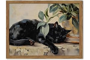 WGTUWY Framed Black Cat Canvas Wall Art, Vintage Sleeping Cat with Plant Picture Wall Decor Paintings, Cute Animal Poster Prints Rustic Aesthetic Home Decor for Living room Bedroom Bathroom 8x10 inch