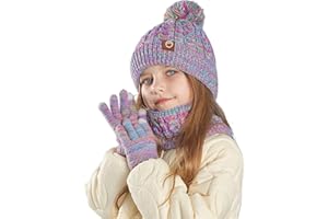 Kids Winter Pom Beanie Hat Scarf Gloves Set,Toddler Girls Boys Warm Knitted Fleece Lining Slouchy Cap for 3-10 Years