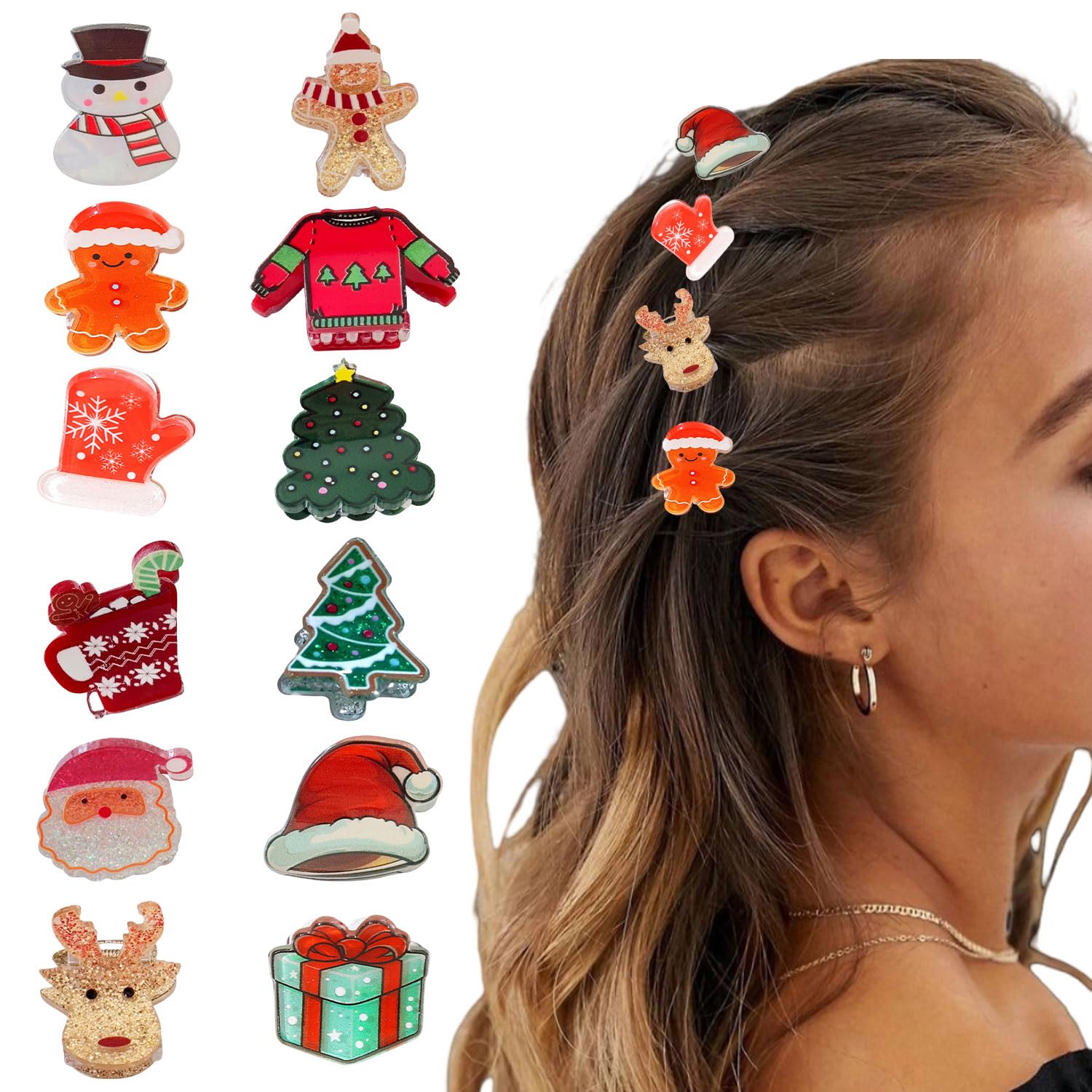 Photo 1 of 12 Pcs Christmas Hair Clips for Women Snowman?Xmas Tree?Santa Claus?and Gloves Design Christmas Mini Claw Clips Small Hair Claws Strong Hold Jaw Clip Mini Hair Clips for Women Girls Hair Accessories