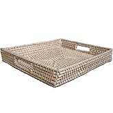 Hand-Woven Tray for Coffee Table Rattan Rectangle Serving Tray Fruit Dining Coffee Breakfast Tray (15 * 12 * 2.5 inches) (Non- Separated)