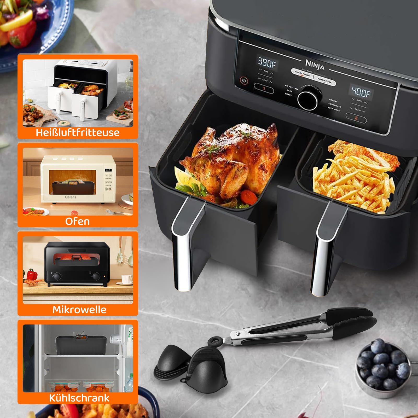 Ninja Heißluftfritteuse Zubehör - Airfryer Zubehör Set für Ninja Foodi Max Dual Zone AF400EU/AF300EU, AF400EUCP, DZ400EU, 7,6L–9,5L | BPA-frei, Spülmaschinenfest, Wiederverwendbar 7