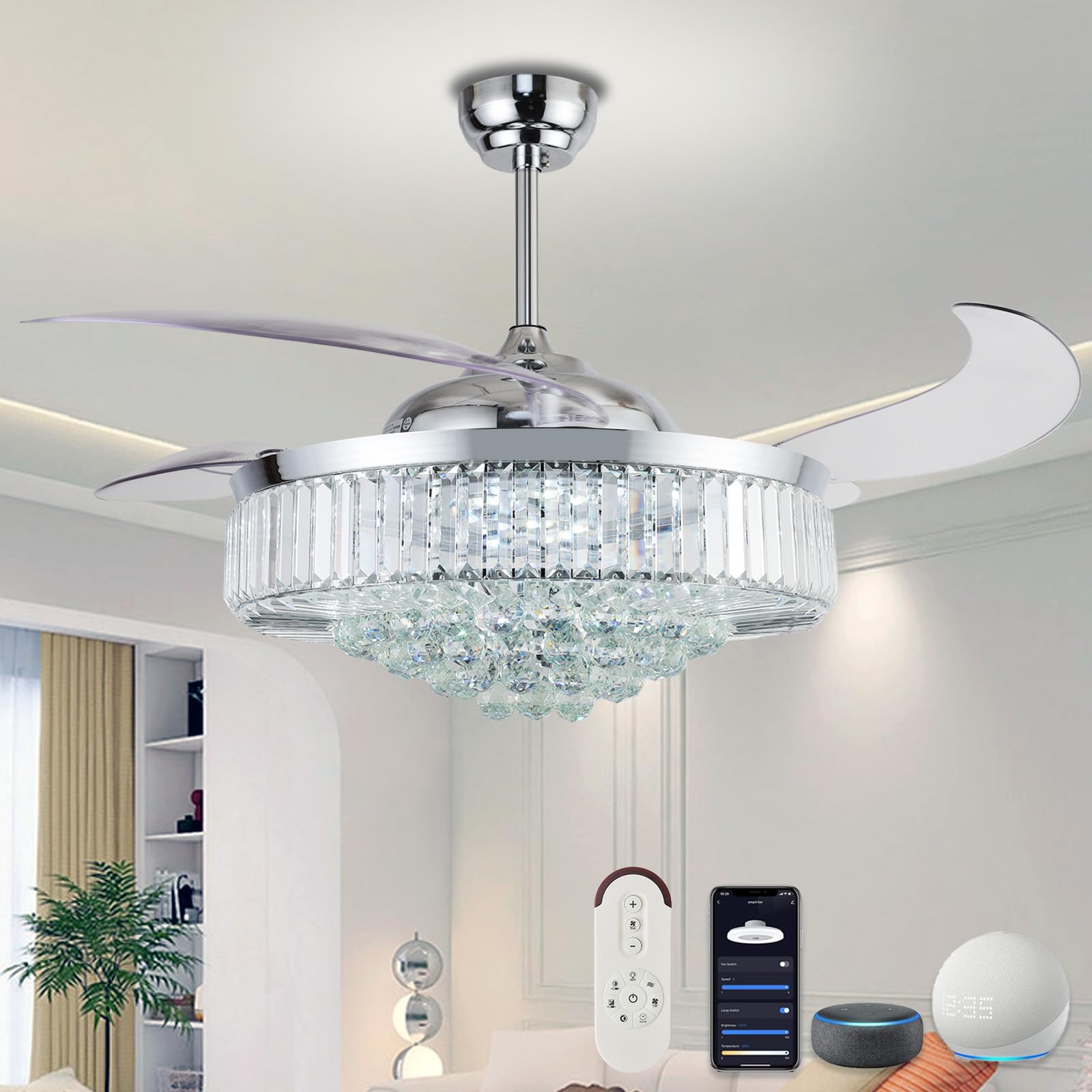 Photo 1 of (damaged)(sold for parts only) DuMaiWay 52" Alexa Ceiling Fan Chrome Smart Ceiling Fan with Light and Remote Fandelier WiFi Modern Crystal Chandelier Fan