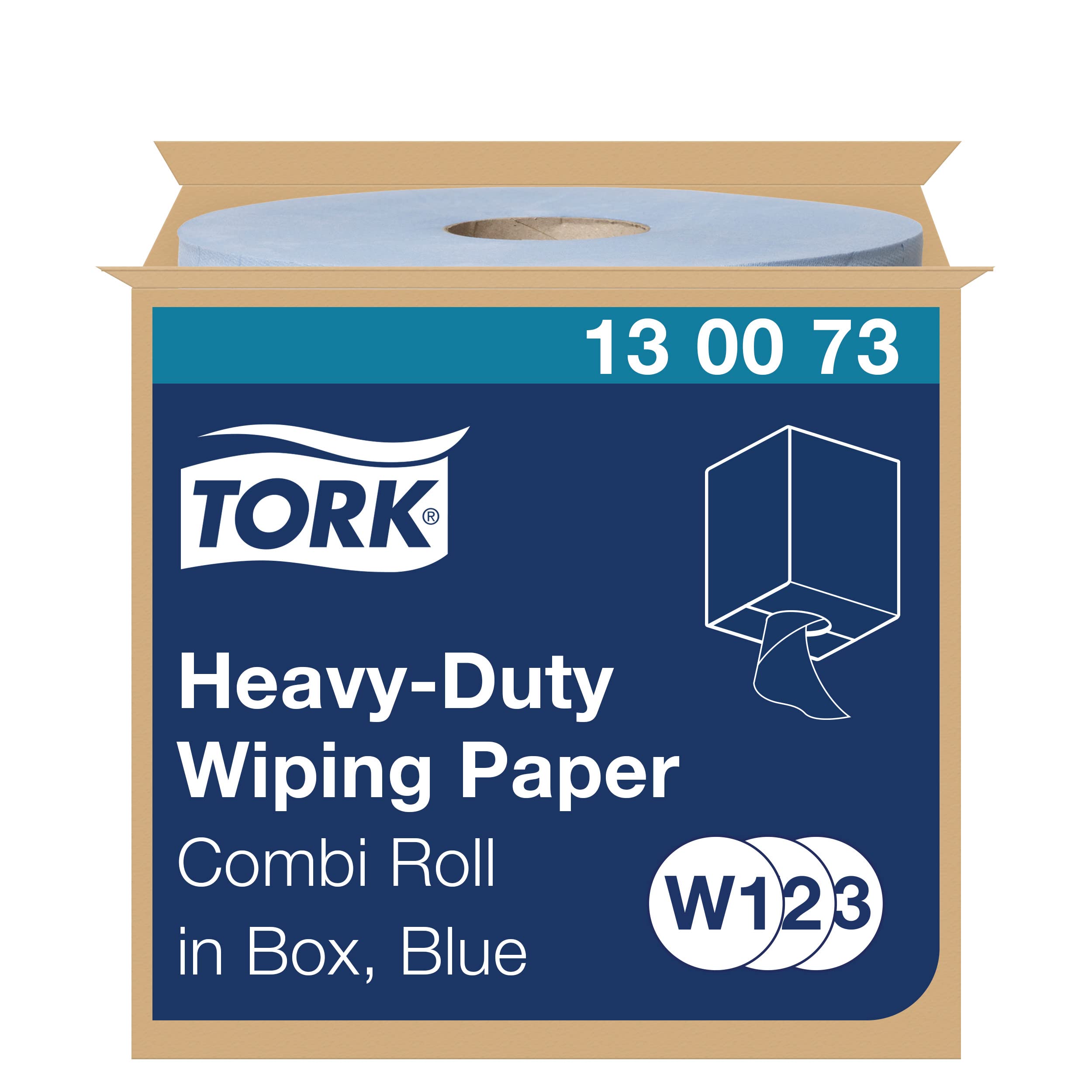 Tork 130073 Heavy-Duty Wiping Paper / 2 Ply Absorbent Paper Roll Suitable for Tork W1, W2 and W3 System / Blue / 1 x 170m / Ø 25.6cm