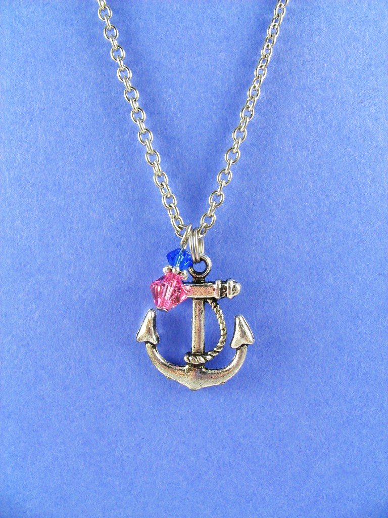 Delta Gamma DG Anchor Sorority Necklace Pink and Blue Crystal 17 inch chain