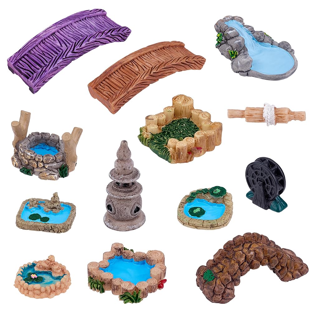 GORGECRAFT 12Pcs 12 Styles Miniature Garden Bridge Resin Mini Lighthouse Waterwheel Well Pool Building Ornaments Fairy Bridges Little Statue Figurines for DIY Crafts Garden Decoration Accessories