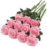 FLORRALIA Pink Fake Roses Artificial Flowers - 10 Pcs Fake Artificial Roses Silk Flowers with Stems for Home Wedding Hotel Office Centerpiece Decor