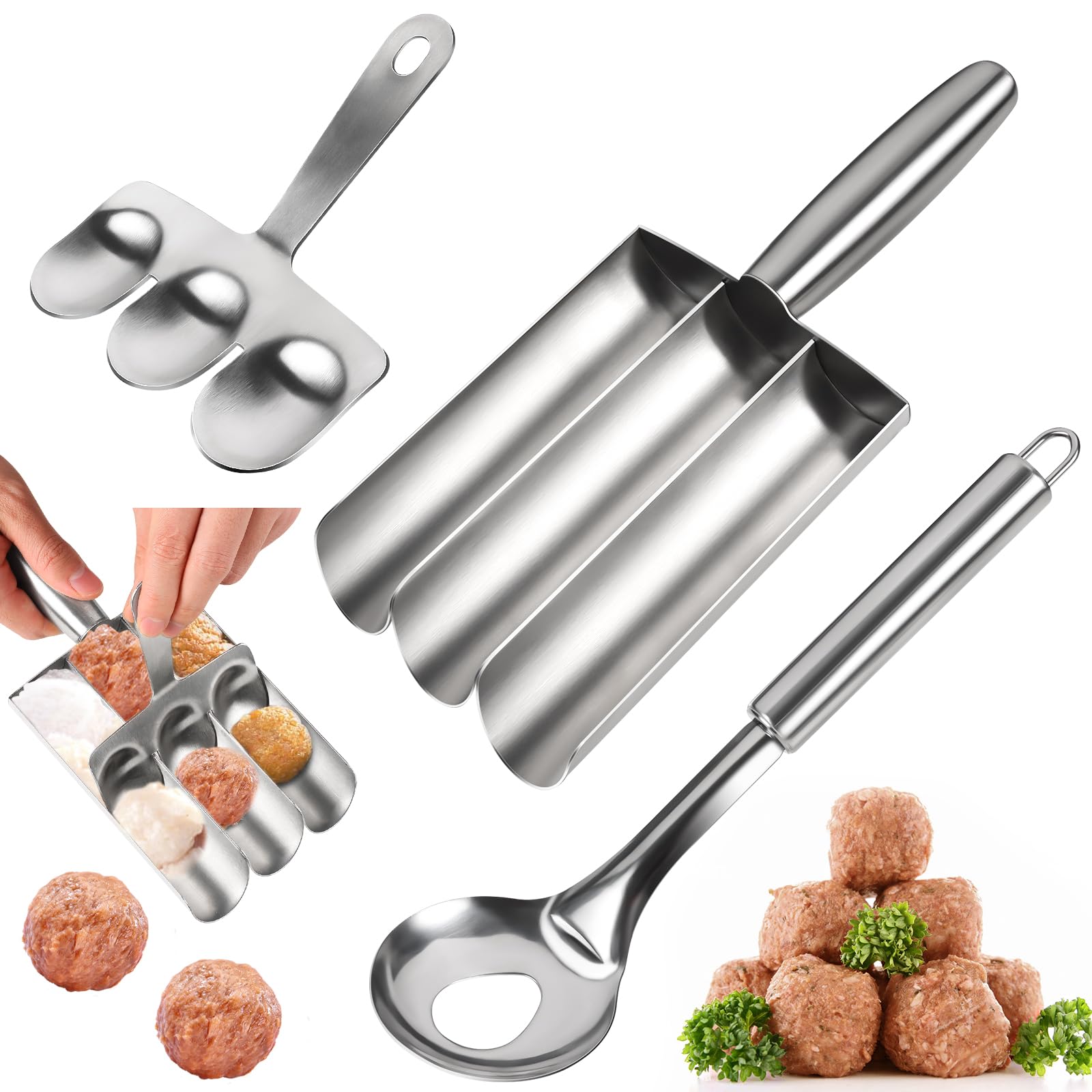 Photo 1 of 3-in-1 Meatball Maker Tool, Stainless Steel Meatball Scoop Ball Maker Manual Meatball Maker Tool None-Stick Meatball Maker, Kitchen Triple Meatball Maker With Meatball Sub Diy Home Cooking Tools