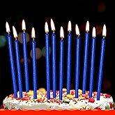 12 Count Long Thin Blue Birthday Cake Candles in Holders for Birthday Wedding Party Cupcake Decorations Tall Candles