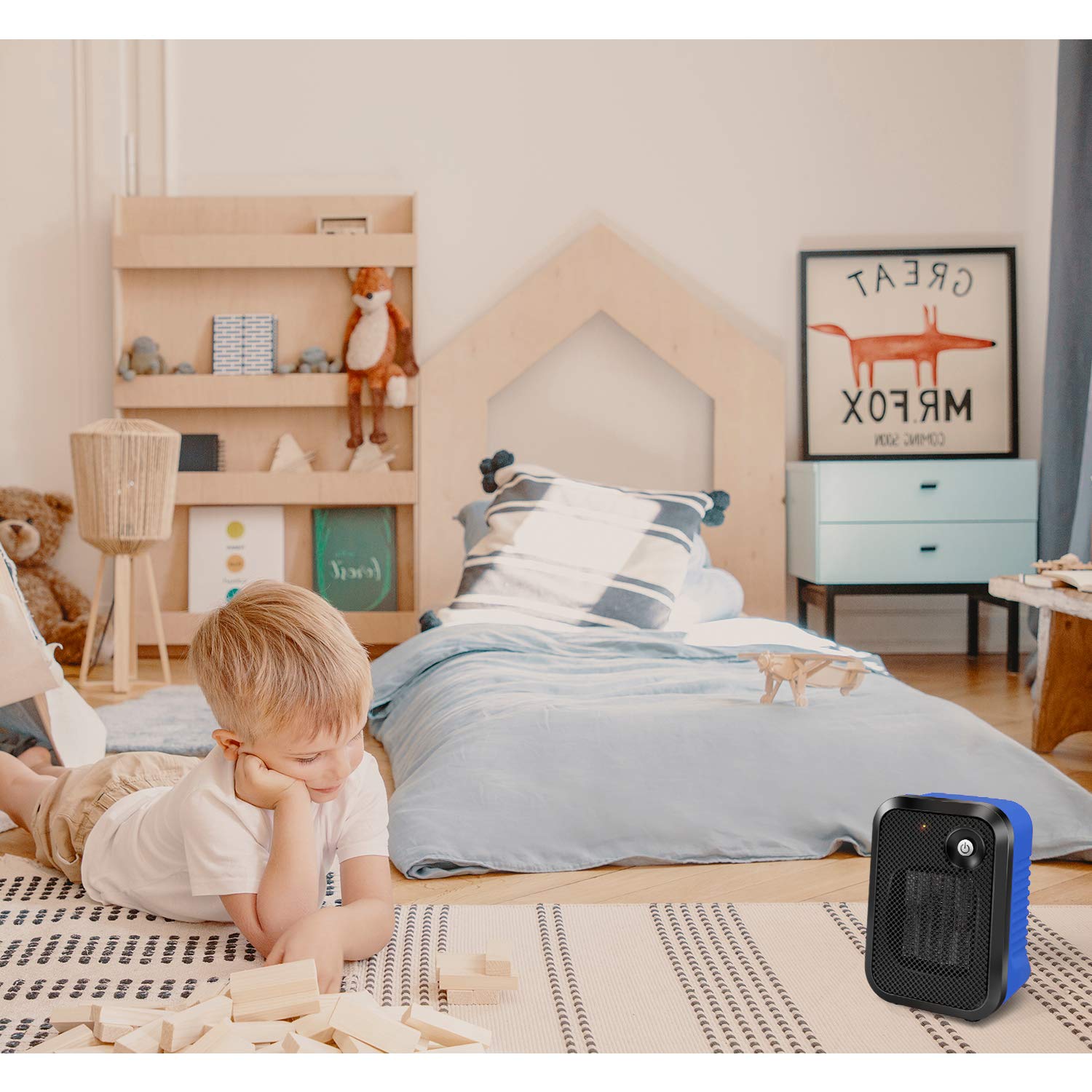 andily 500W Space Electric Small Heater for Home&Office Indoor Use on Desk with Safety Power Switch PTC BLUE