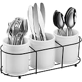Bekith 3-Piece Ceramic Silverware Caddy with Metal Rack, Utensil Holder Flatware Caddy Cutlery Storage Organizer for Kitchen Table, Cabinet or Pantry