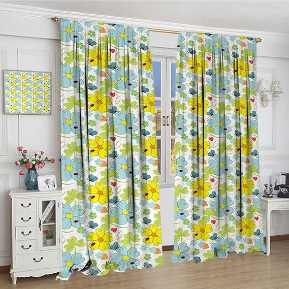 youpinnong Yellow and Blue Window Curtain Drape Daisies and