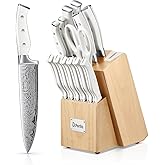 Knife Set, D.Perlla 15 Pieces Kitchen Knife Set with Built-in Sharpener, High Carbon Stainless Steel Kitchen Knife Block Set with Unique Waved Pattern, Non-slip Handle, White