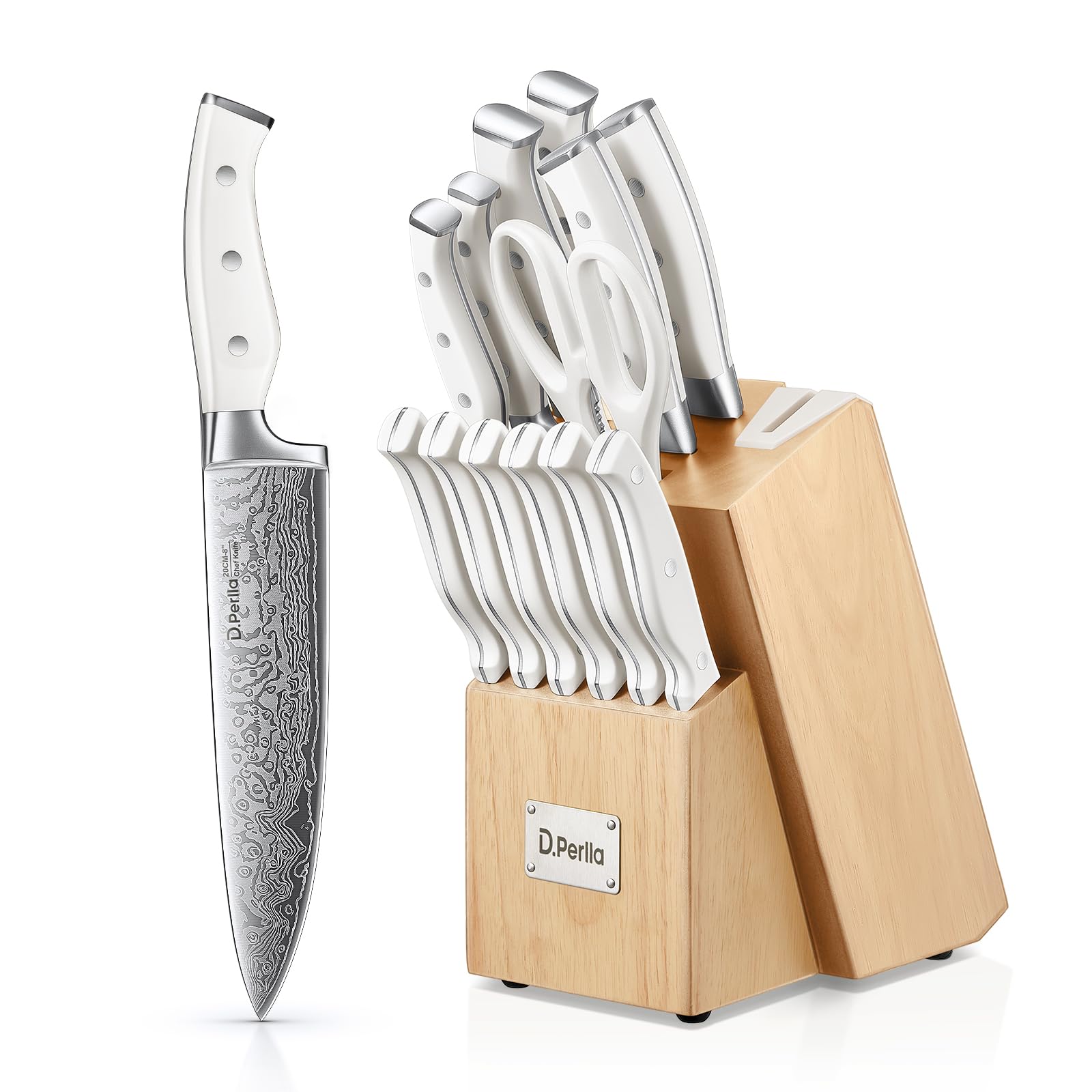 Photo 1 of **HOLDER ONLY *** Knife Set with Block, D.Perlla 15 Pieces Kitchen Knife Set with Built-in Sharpener, High Carbon Stainless Steel Knife Block Set with Unique Waved Pattern, Triple Riveted Ergonomic Handle, White