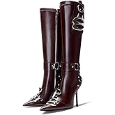 LACIKOSZ Knee High Crocodile Boots for Women Pointed Toe Slim Calf Sexy Stiletto High Heel Long Tall Boots with Slide Zipper Buckle Rivets