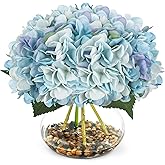 N&T NIETING Artificial Hydrangea Flowers with Vase Blue Silk Fake Flowers Faux Hydrangea Flowers with Faux Water Riverstones for Home Office Table Room Wedding Centerpiece Decorations