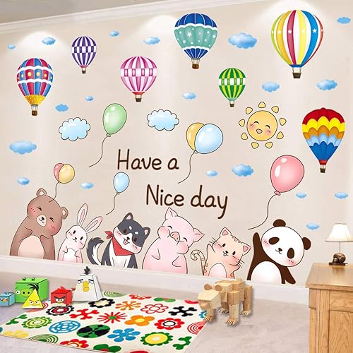 Cartoon Animal Wall Decals - Panda & Foxes On Hot Air Balloon, Kids Room Nursery Stickers