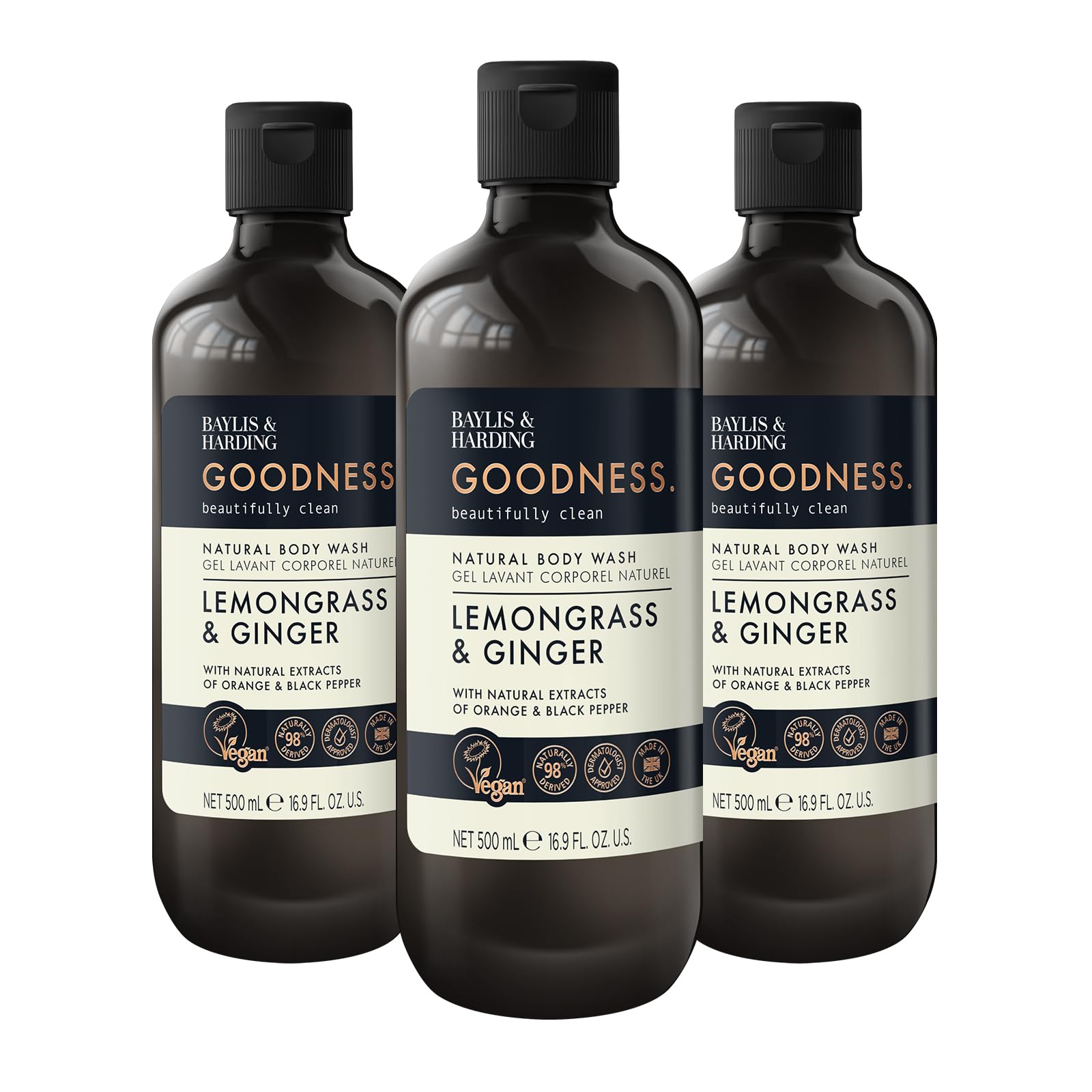 Baylis & Harding Goodness Lemongrass and Ginger Body Wash, 500 ml (Pack of 3) - Vegan Friendly