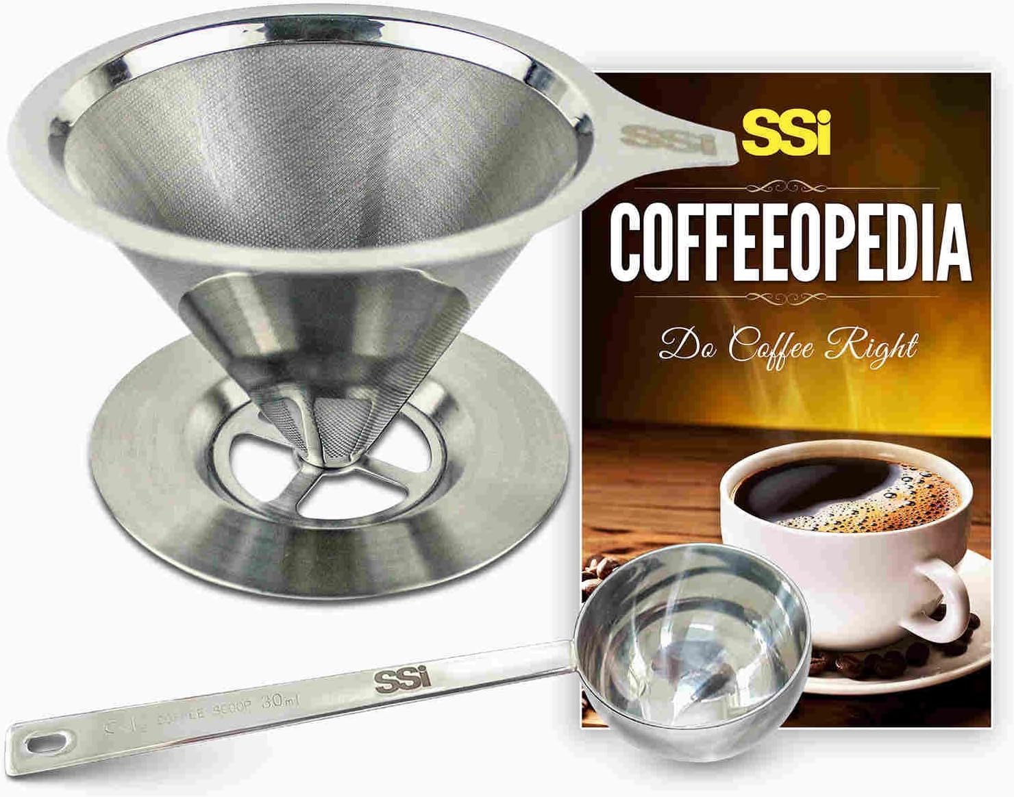 Pour Over Coffee Filter Dripper Kit with Bonus 2 Tablespoon Scoop - All Stainless Steel Cone Paperless and Reusable Hand…
