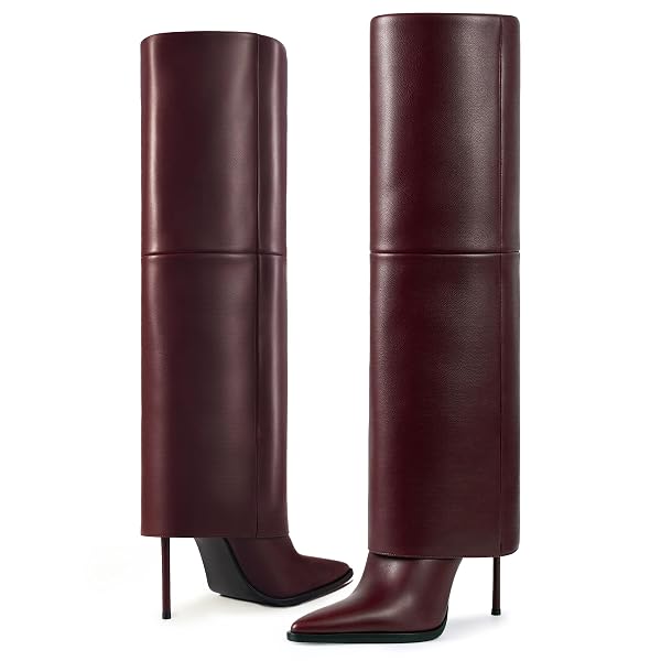 KARONAIRY WOMEN’S KNEE HIGH BOOTS, FOLD OVER TALL HIGH HEEL BOOTS STILETTO POINTED TOE FASHION DRESS BOOTS FOR FALL WINTER BURGUNDY