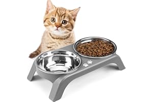 COMESOON Elevated Cat Bowls - Anti-Vomiting Raised Cat Bowl Stand with 2 Thick Stainless Steel Cat Bowls Non-Slip for Small Medium Indoor Cats & Puppies, Dishwasher Safe Grey