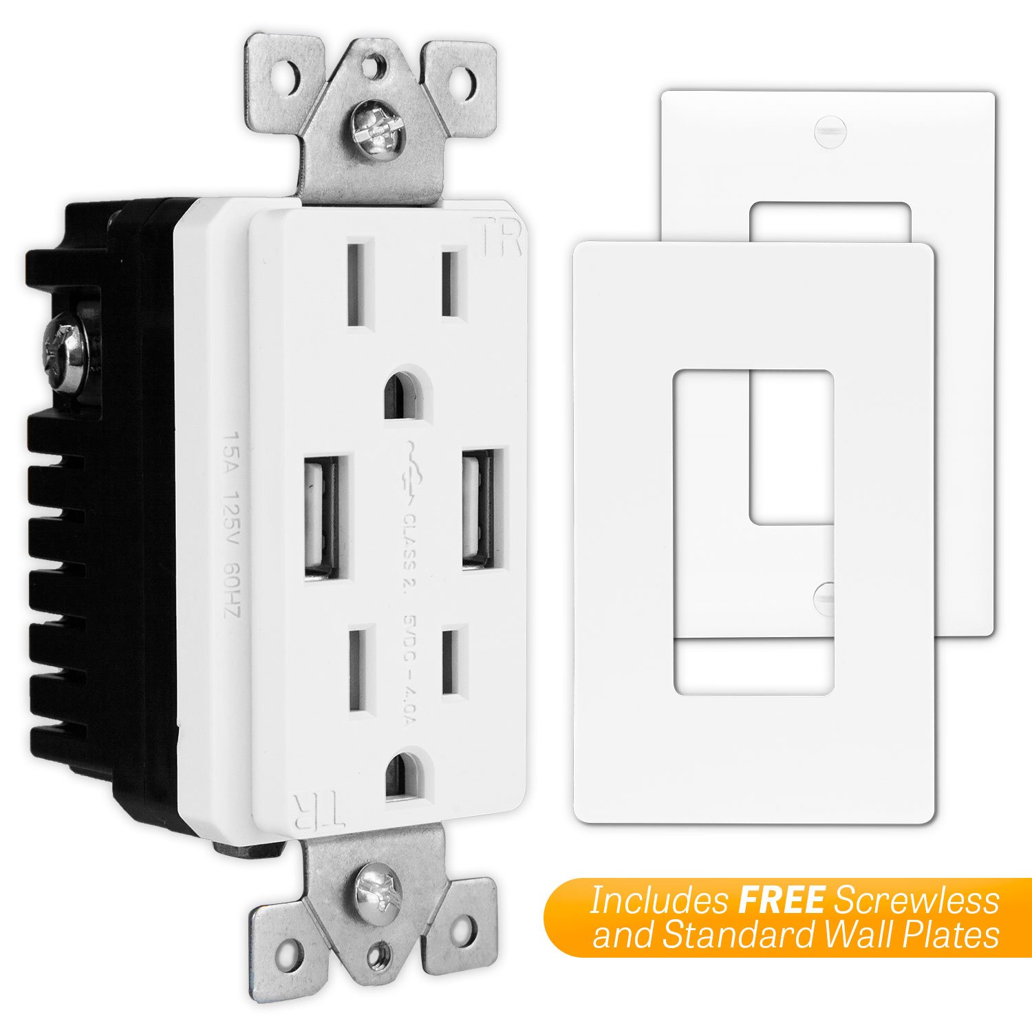 TOPGREENER TU2154A High Speed USB Charger Outlet, USB Wall Charger, Electrical Outlet with USB, 15A TR Receptacle, Screwless Wall Plate, for iPhone X, iPhone 8/8 Plus, Samsung Galaxy and more, White