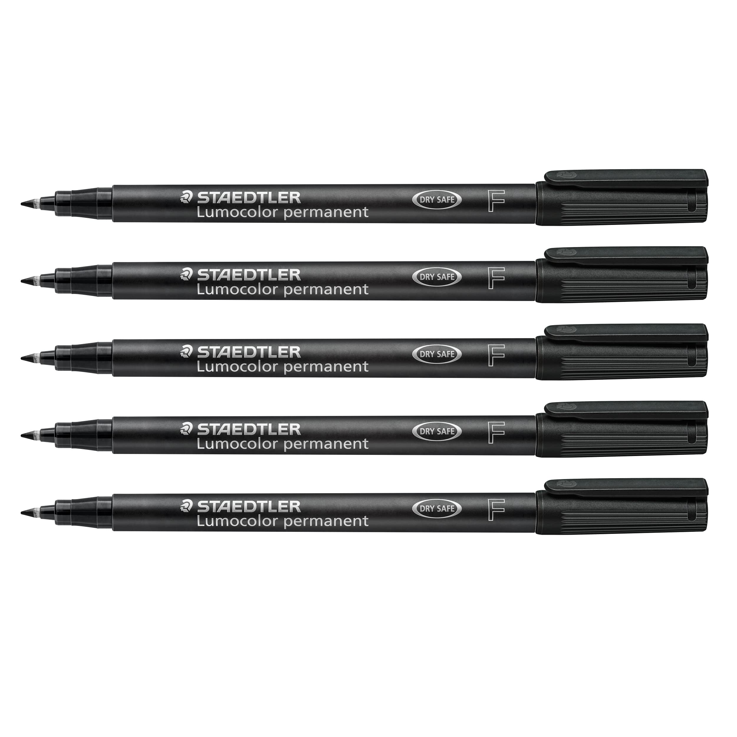 STAEDTLER Lumocolor Permanent Marker Pen, Smudge-Proof and Waterproof on Almost All Surfaces, line Width F 0.6 mm, refillable, Long Service Life, 5 Black Universal pens, 318-9X