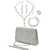 5 Pcs Purse Rhinestone Jewelry Set, RhinestoneClutch Purse Bride Prom Evening Rhinestone Jewelry Set Bling Necklace Earrings Bracelets Set for Wedding, Gold/Silver