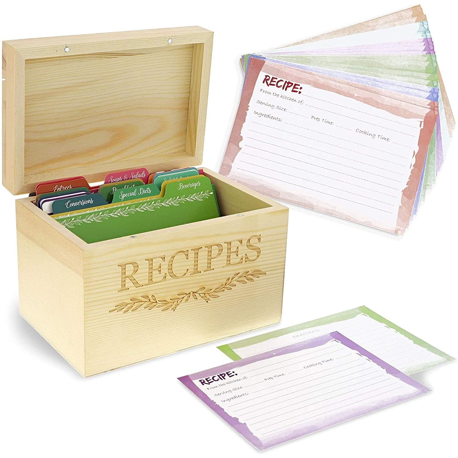 Juvale Wood Recipe Organisation Box with Cards and Dividers
