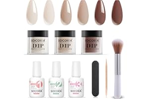 SOCORIA 9Pcs Dip Powder Nail Kit, Elegant Skin Tone White Milky Tea Colors and Dipping Powder Liquid Set with Base/Top Coat and Activator for French Nail Art Manicure DIY Salon