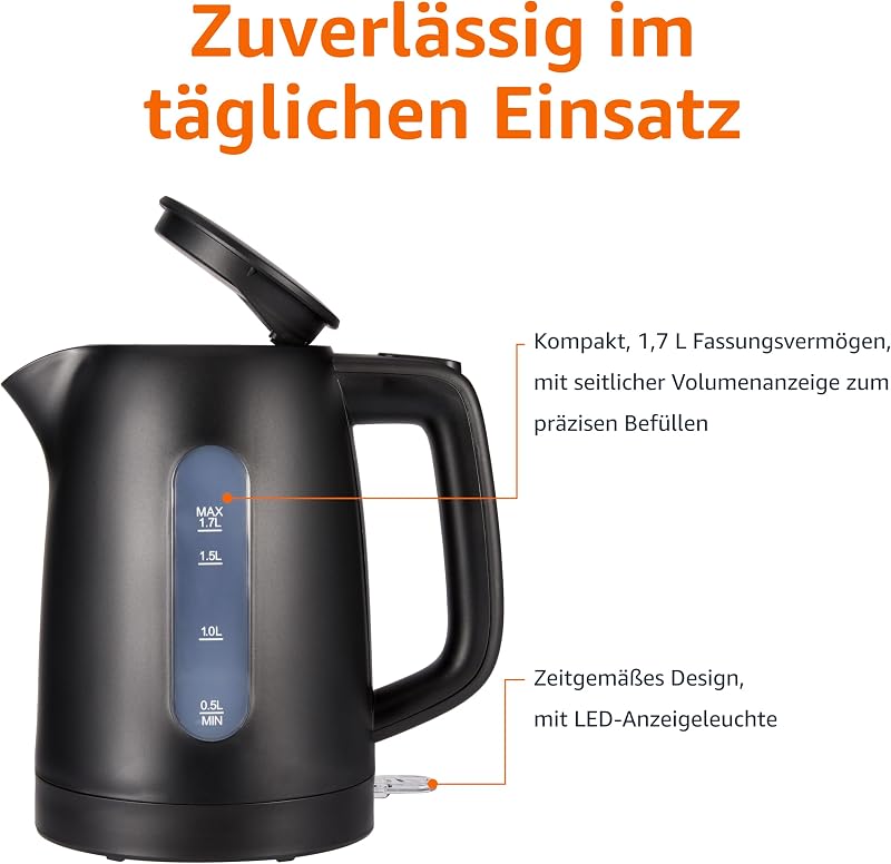 Wasserkocher 1,7L, 2200W, BPA-frei, 360° Basis, Automatische Abschaltung, Herausnehmbarer Kalkfilter, Mattschwarz