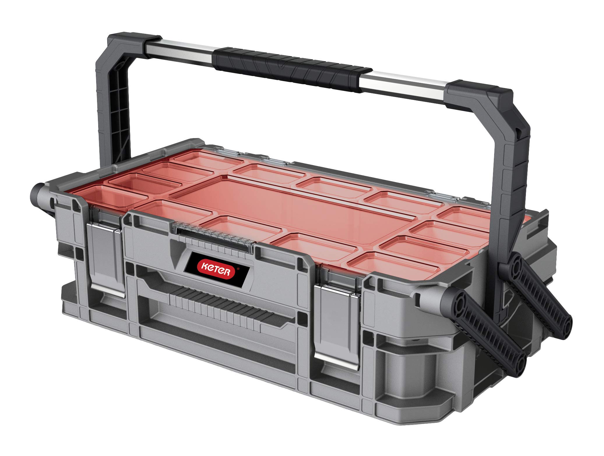KETER - Cantilever Connect - Toolbox - Large 2 tier Tool Box to Store Your Tools - 2 leg support - 11 Removable Compartments - Metal Latches, Plastic Case - Grey