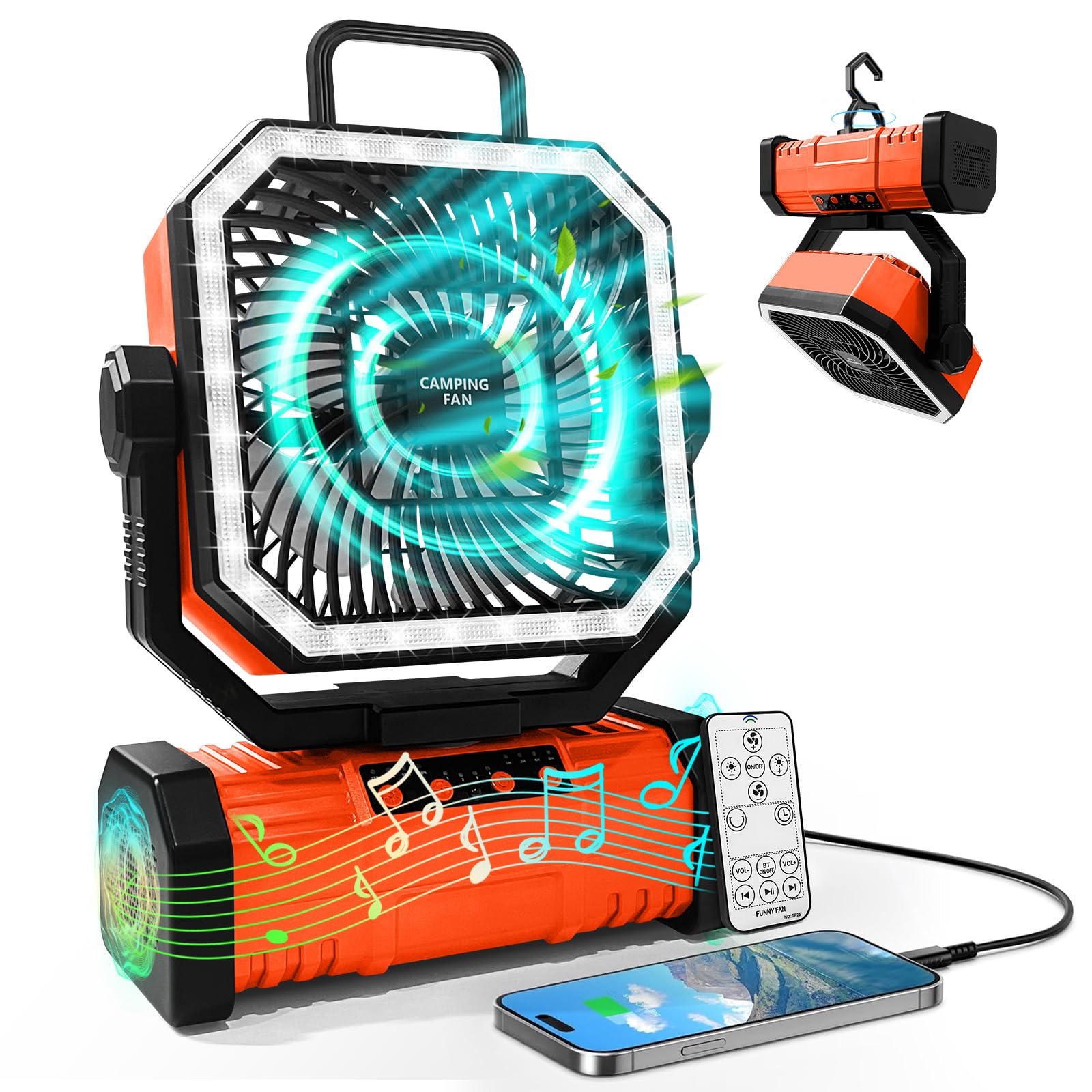 Photo 1 of Super RGB 20000mAh Portable Camping Fan W/Bluetooth Speaker, Rechargeable Battery Operated Oscillating Camp Tent Fan W/Remote control, 4 Speeds, LED lights & 360° Rotation Hook for Outdoor RV Travel