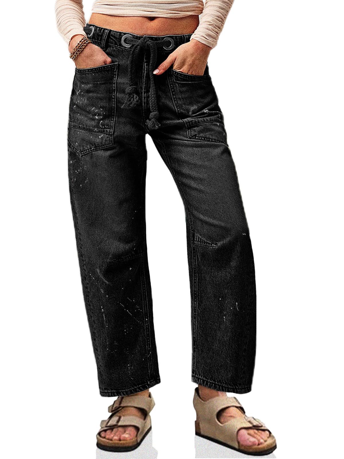 Photo 1 of Cicy Bell Womens Baggy Barrel Horseshoe Jeans Wide Leg Drawstring Vintage Denim Pants with Front Pockets Black