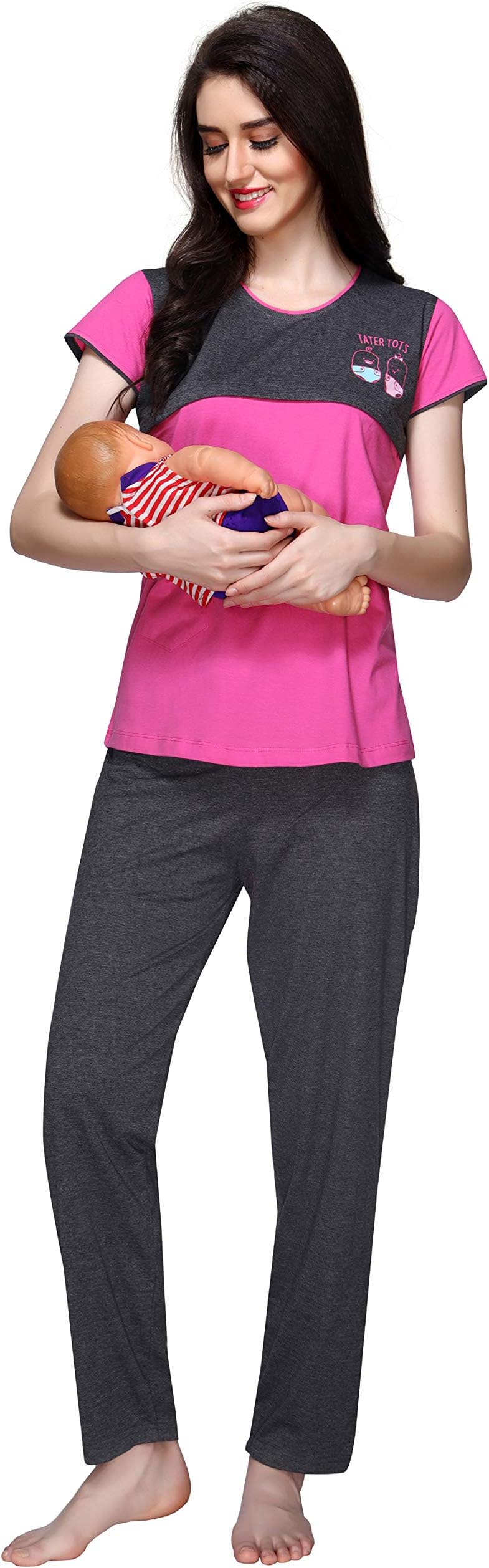 AV2 Women Cotton Nursing/Feeding Plain/Solid Nightsuit Pajama Set