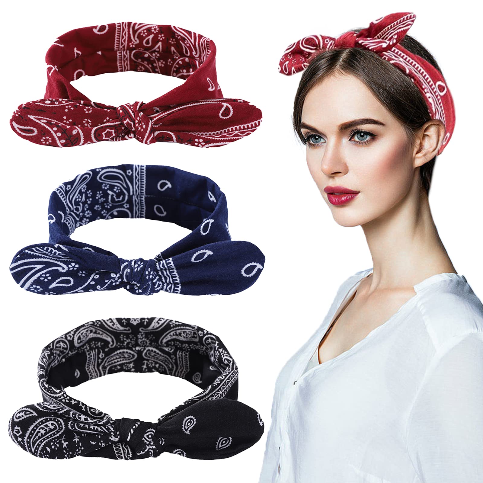 TSHAOUN 3 Pieces Head Scarf for Women Retro Headbands,1940s Head Scarf Bandana Rosie The Riveter Headband Bow Headbands Vintage Boho Bow Pattern,eadband Headwrap for Girls and Women (3 PCS)