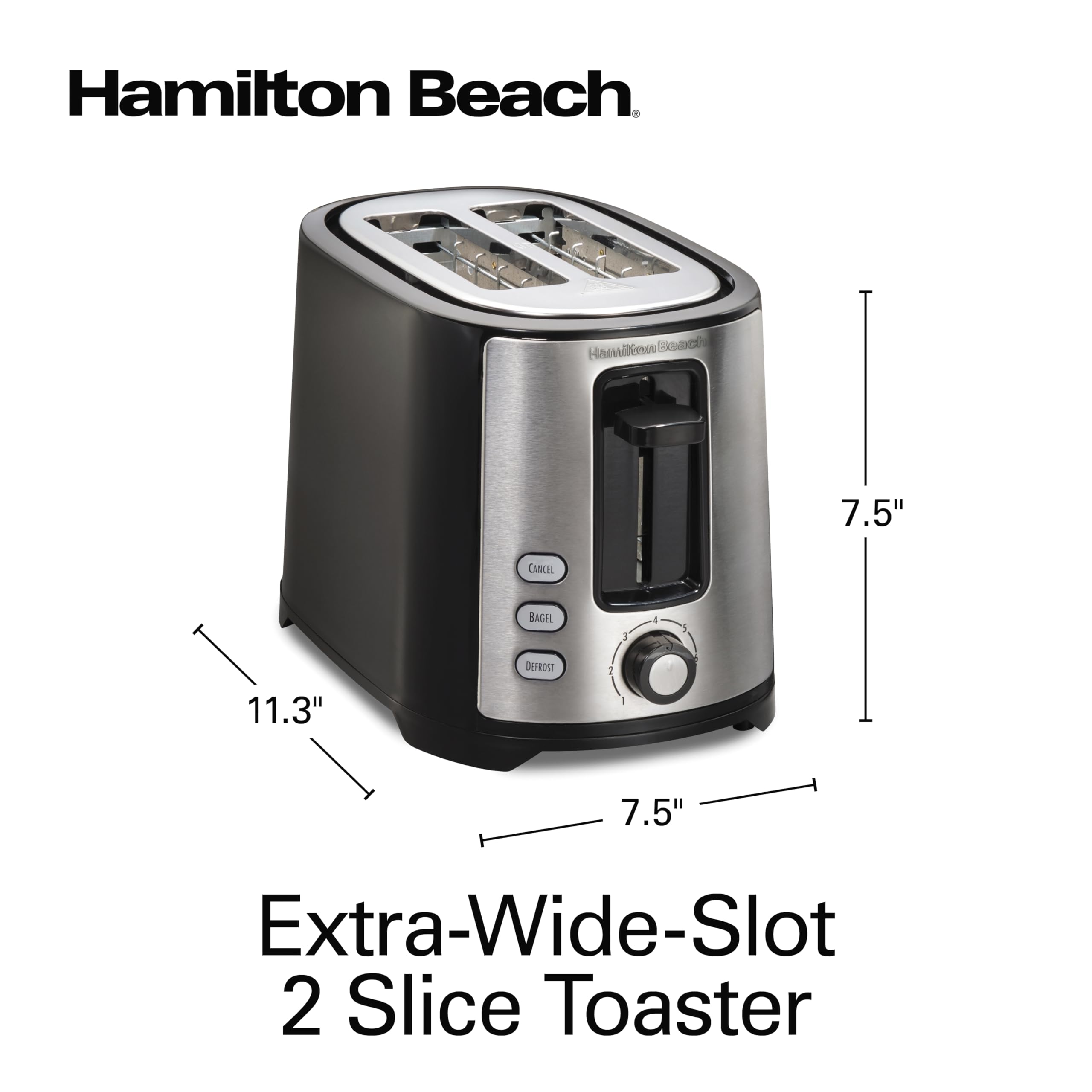 Hamilton Beach 2 Slice Extra Wide Slot Toaster with Bagel & Defrost Settings, Shade Selector with 7 Browning Levels, Toast Boost, Auto Shutoff, Black & Stainless Steel (22633)