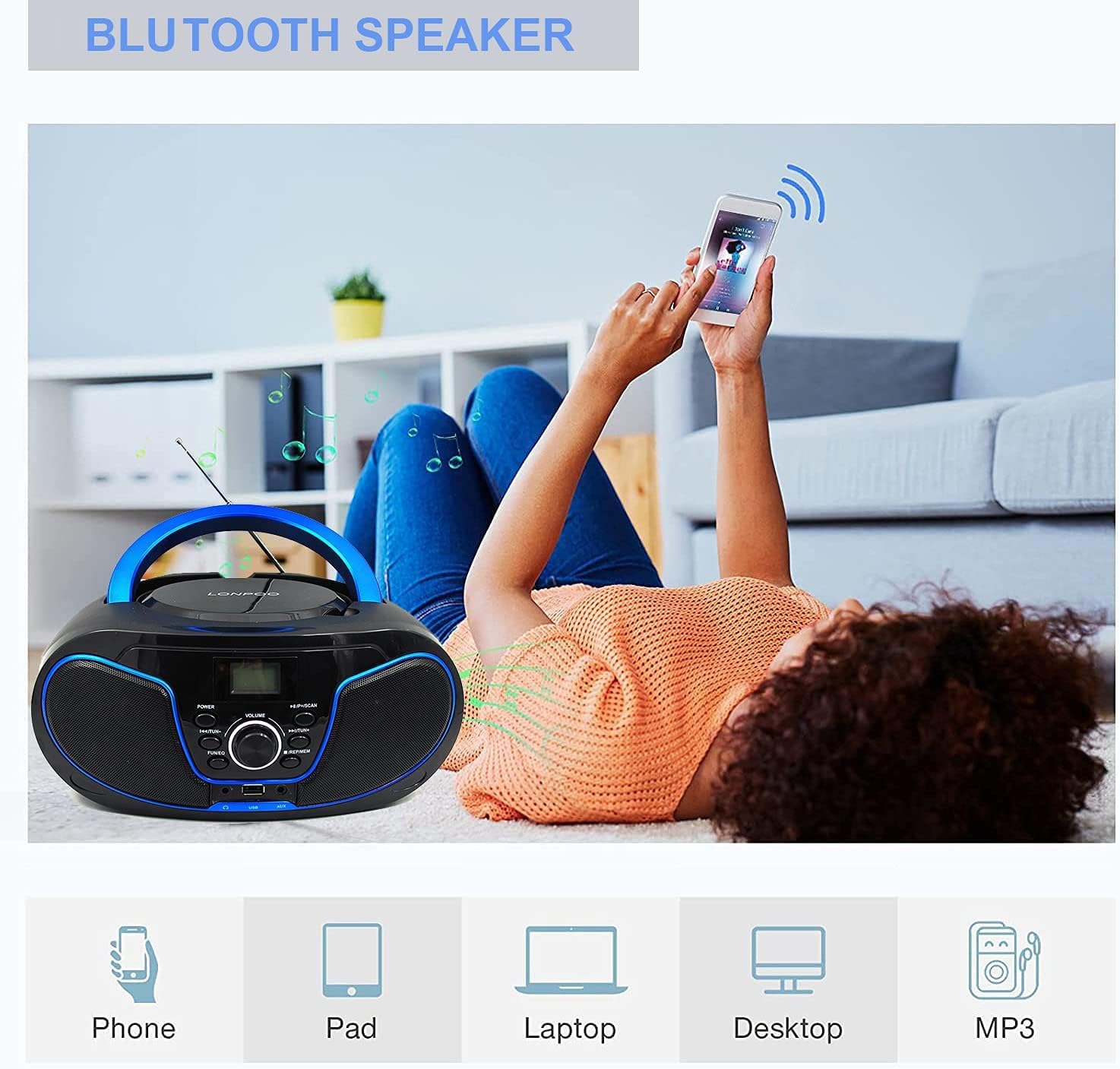 CD Player Boombox, LP-D02 Portable Bluetooth FM Radio Stereo Sound System with Crystal-Clear Sound, MP3 Playback, USB Input, AUX Input, Headphone Jack, LCD Display, AC DC Operated