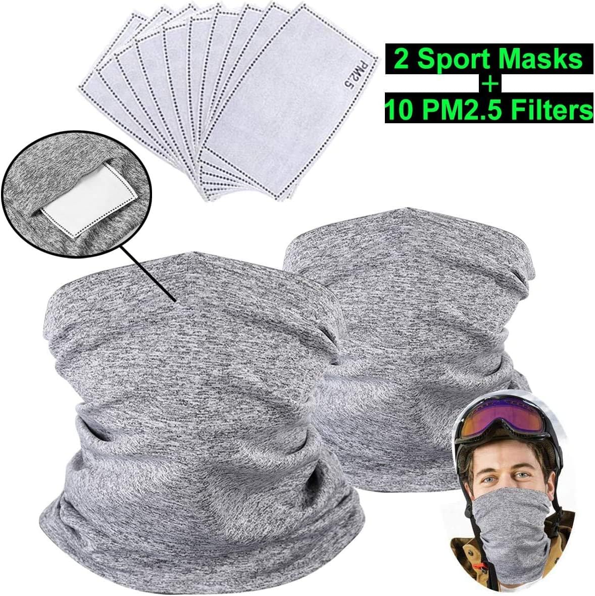 JOSMAX 10 PCS PM2.5 Filters with 2 Pack Cycling Scarf with UV Dust Protection Face Cover Breathable Elastic Neck Gaiter - Adult Version