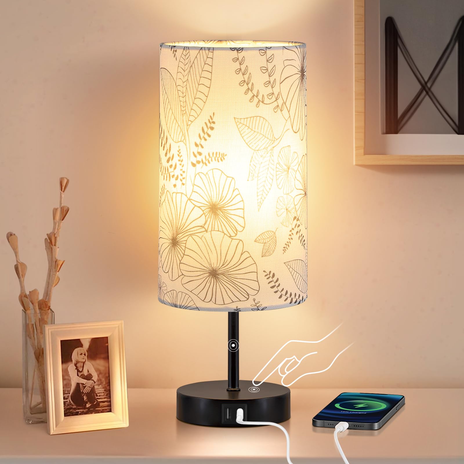 Photo 1 of Bedside Touch Lamp with 2 USB Ports, Modern 3 Way Dimmable Small Lamp with Flower Fabric Shade, Nightstand Lamp for Living Room Bedroom Office End Table Dorm Room Kids Reading(E26 LED Bulb Included)