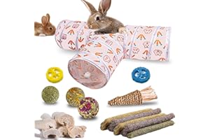 Mechpia Rabbit Toys, Bunny Tunnel & Tubes with Chew Toys for Grinding Teeth Apple Sticks Bamboo Carrot Loofah and Grass Ball for Rabbit Guinea Pig Chinchilla Ferret Rat