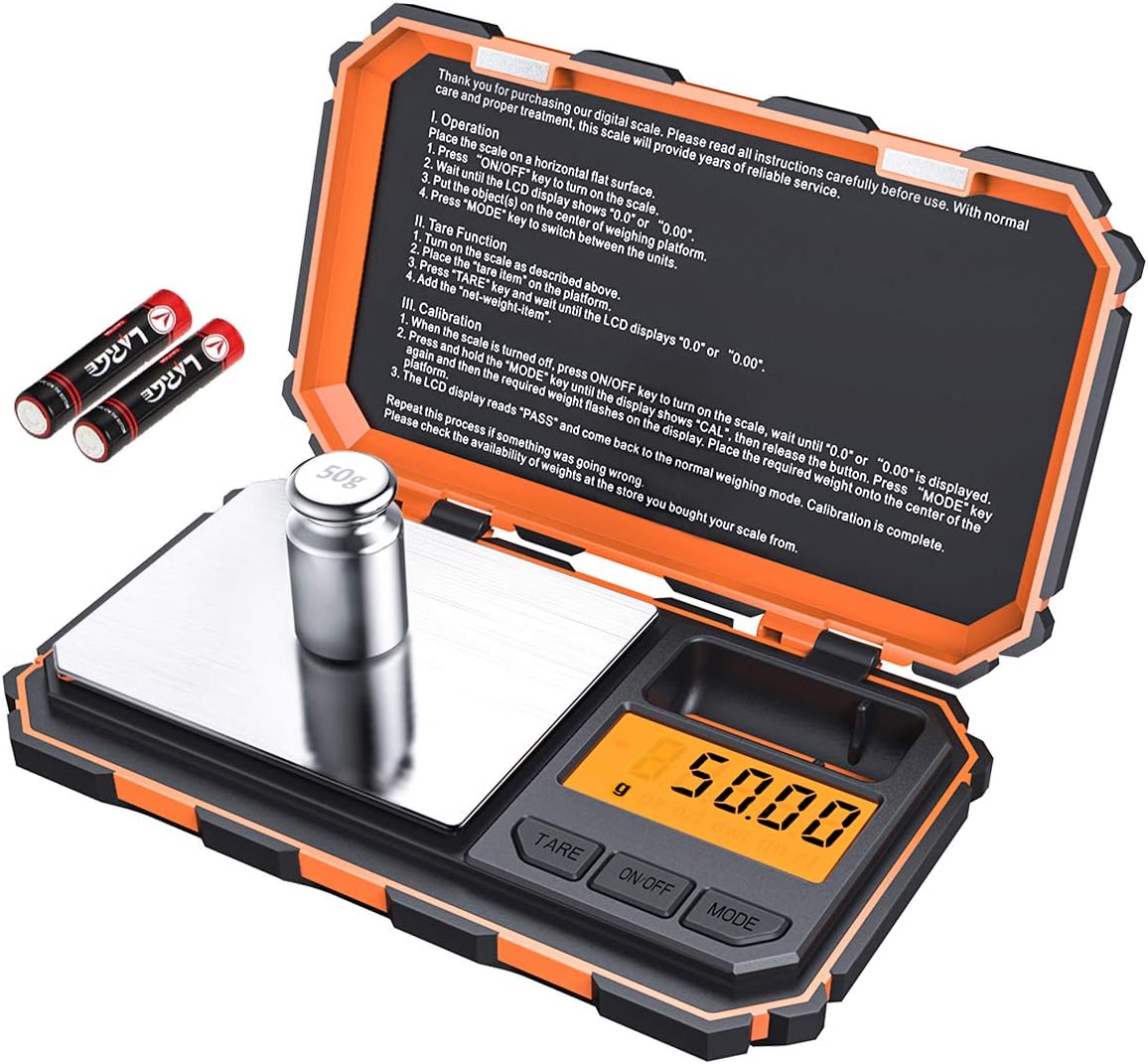 KeeKit Digital Mini Scale, 200g 0.01g Pocket Scale with 50g Calibration Weight, Electronic Smart Scale with Tare & LCD Backlit Display for Food, Tablets, Jewelry (Battery Included) – Orange