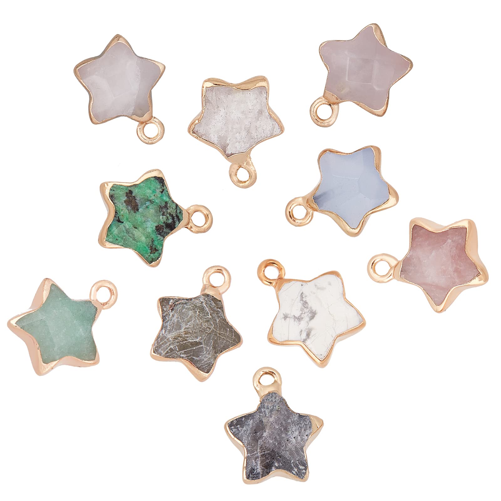 SUNNYCLUE 1 Box 10 Colors Star Gemstone Charms Natural Energy Healing Crystal Mixed Stone Gold Plated Pendants Colorful Chakra Gems Beads Rose Quartz Agate for Jewelry Making Crafts Supplies