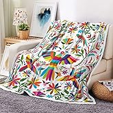Mexico Floral Throw Blankets, Traditional Mexican Bluebird Otomi Style Bright Pattern Cozy Warm Bed Couch Blanket, Paisley Flowers Ethnic Color White Fleece Flannel Throws Decorate Room and Bedroom